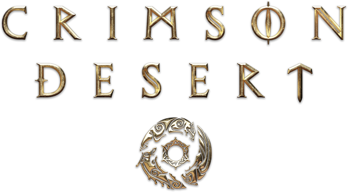 Logo for 'Crimson Desert' with ornate text and emblem on a white background