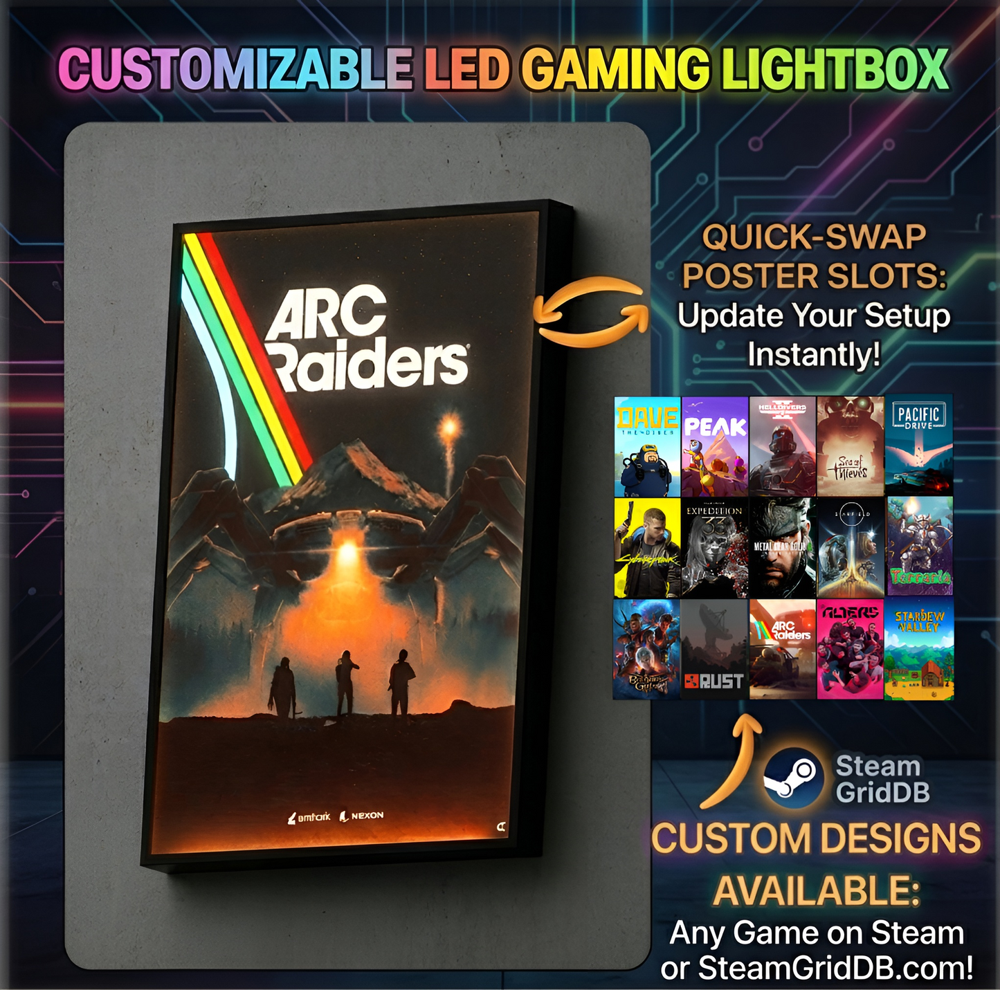 Customizable LED gaming lightbox with 'Arc Raiders' design and quick-swap poster slots.