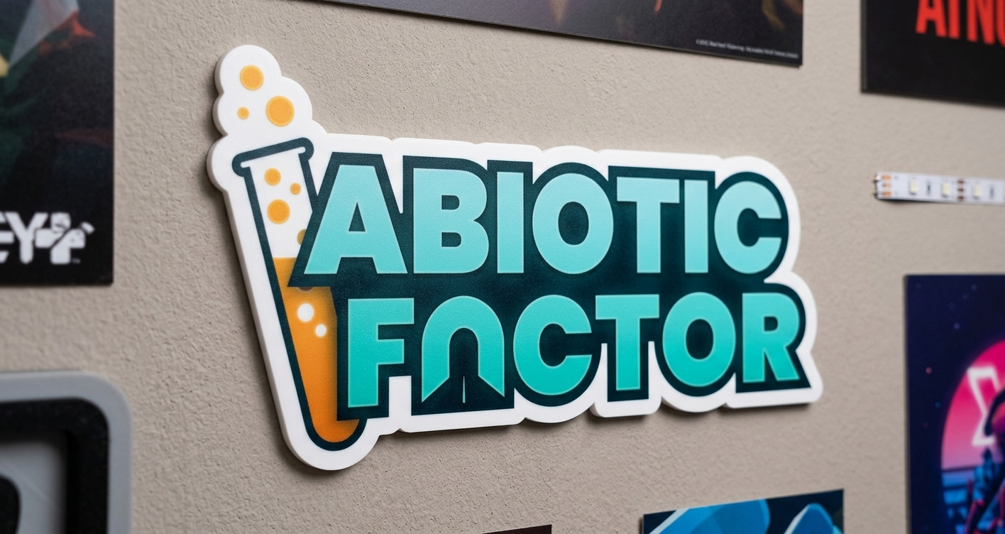 Sticker with 'Abiotic Factor' text on a textured surface with other stickers.