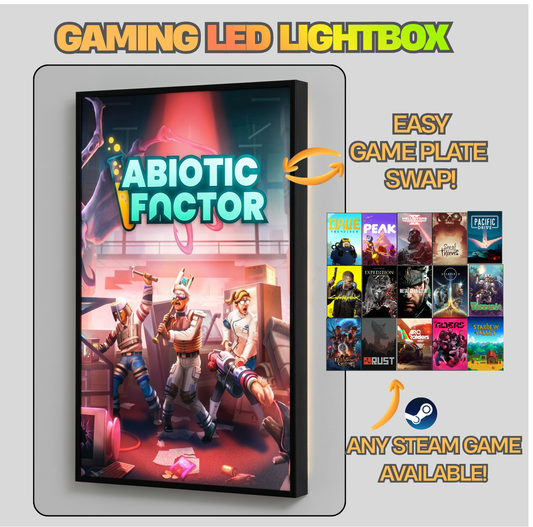 Gaming LED lightbox displaying 'Abiotic Factor' with swapable game plates and Steam compatibility.