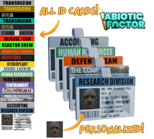 Collection of personalized ID cards with various job titles and a brand logo on a white background.