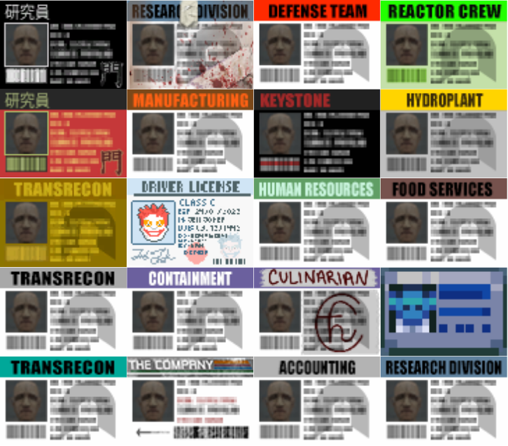 Collection of various employee badges with different roles and departments.