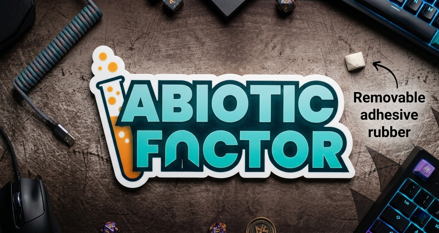 Sticker with 'Abiotic Factor' text on a desk with computer equipment