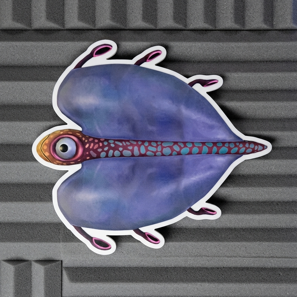 Colorful alien-like creature sticker on a corrugated metal background