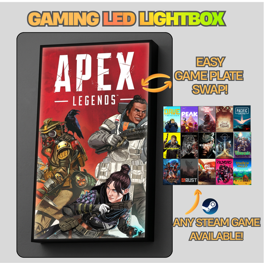 Gaming LED lightbox displaying 'Apex Legends' with swapable game plates on a gray background.