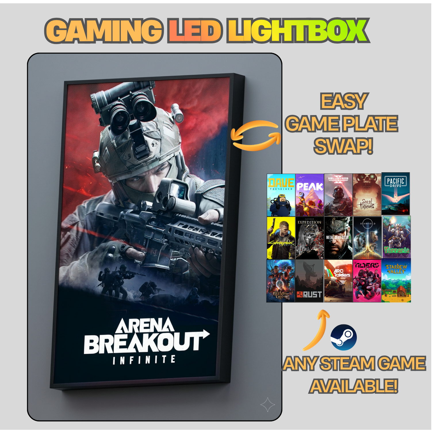 Gaming LED lightbox displaying 'Arena Breakout Infinite' with swapable game plates feature.