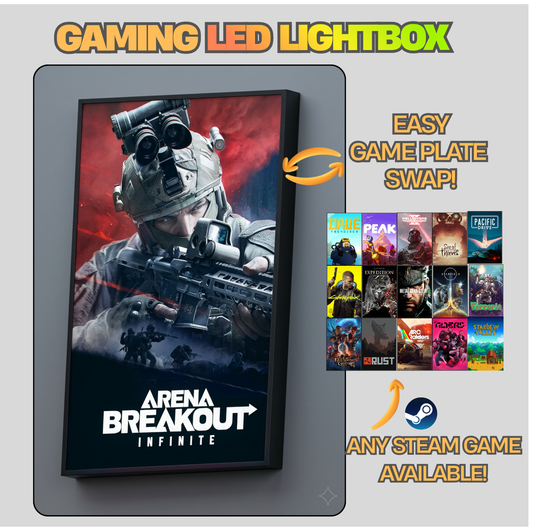 Gaming LED lightbox displaying 'Arena Breakout Infinite' with swapable game plates feature.