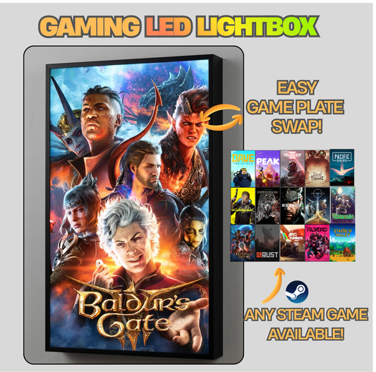 Gaming LED lightbox with 'Baldur's Gate' design and Steam game compatibility features.