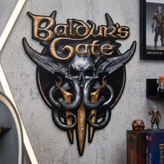 Decorative wall piece with 'Baldur's Gate' logo on a textured wall.