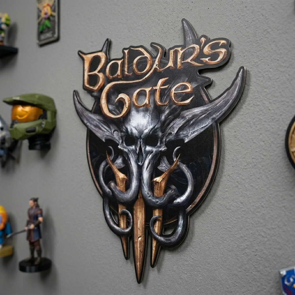 Decorative wall piece with 'Baldrõr's Gate' text on a gray wall with figurines.