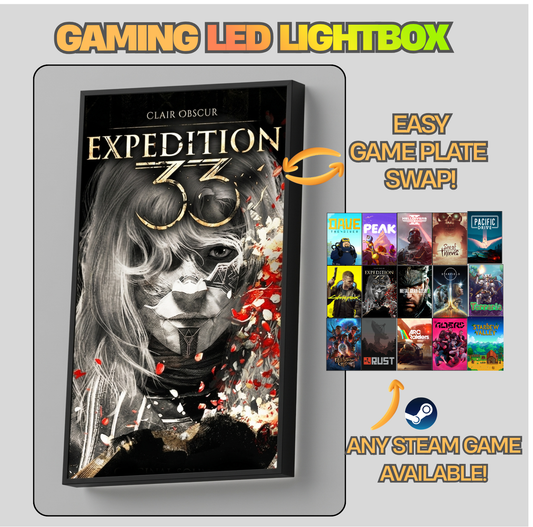 Gaming LED lightbox with customizable game plate swap feature on a gray background
