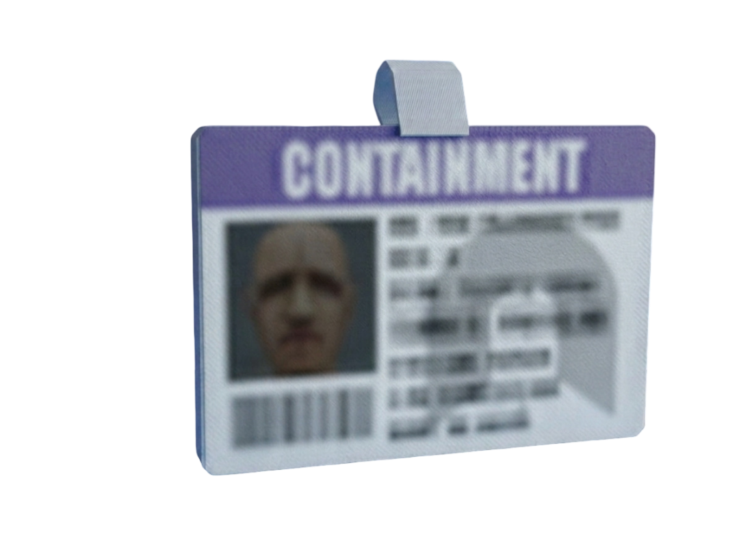 ID card with a photo and text 'CONTAINMENT' on a white background