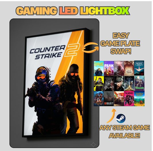 Gaming LED lightbox with 'Counter Strike 2' design and swapable game plates on a gray background.