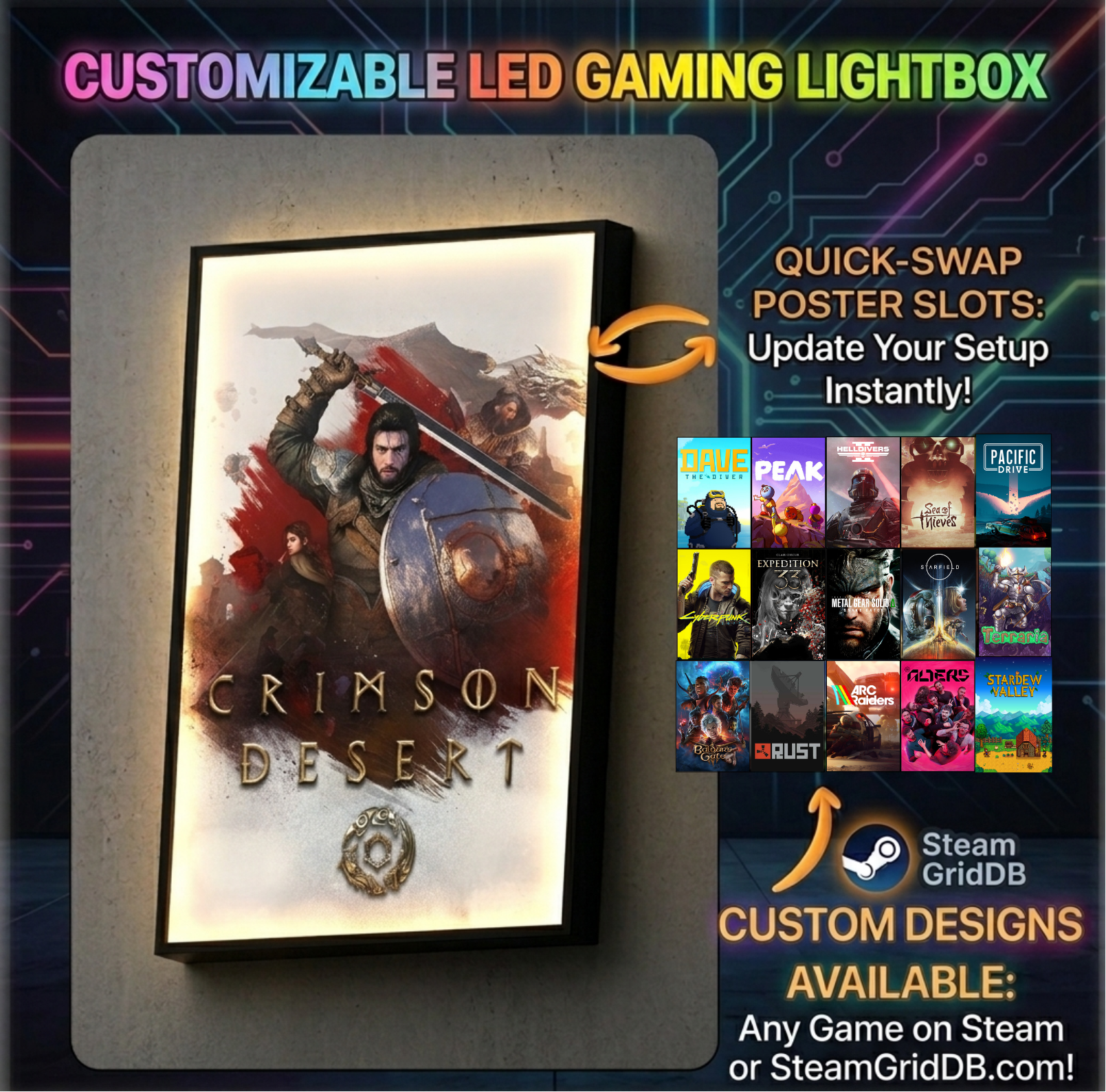 Customizable LED gaming lightbox with 'Crimson Desert' poster and quick-swap slots for other posters.