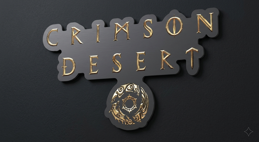 Logo of 'Crimson Desert' with gold text on a dark background