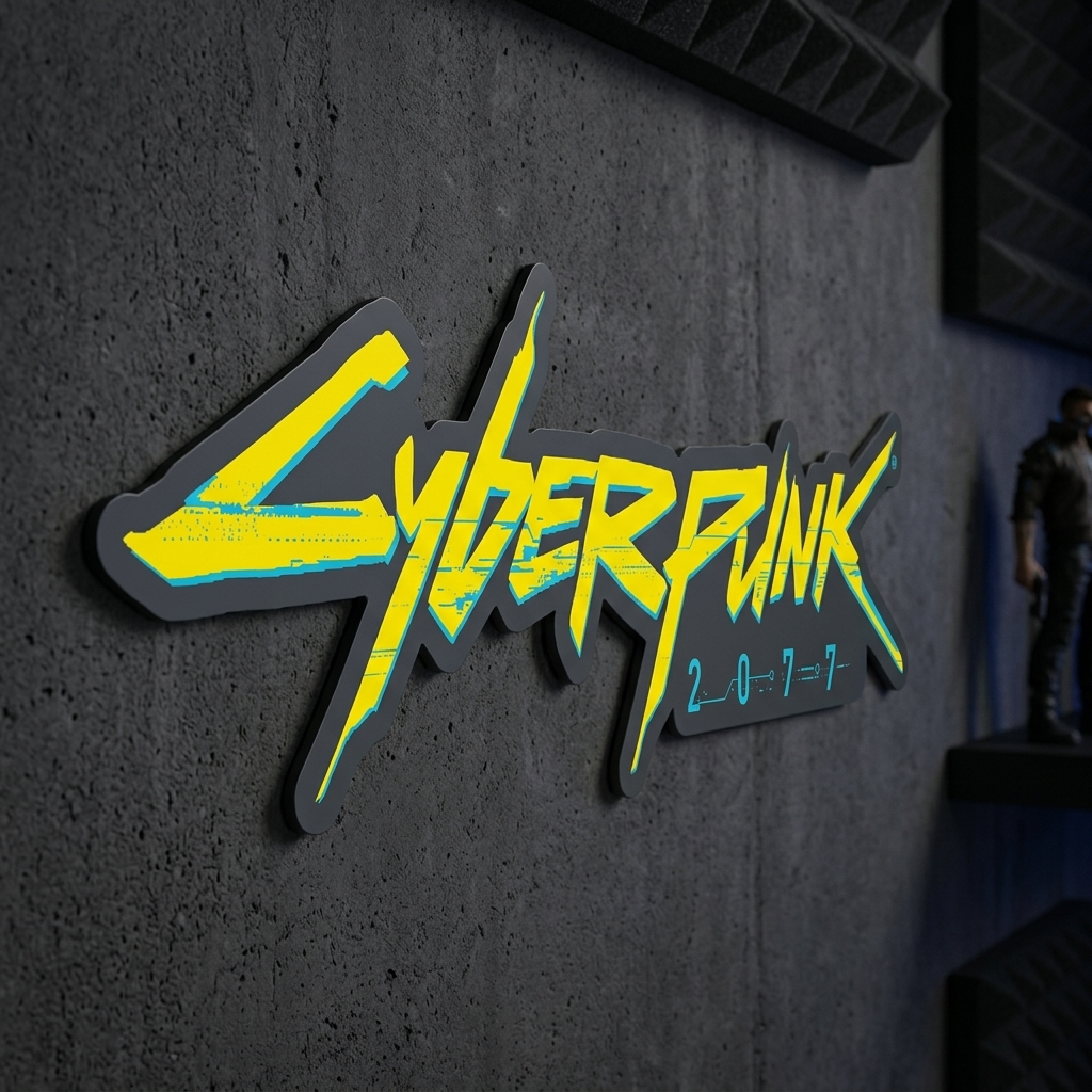 Cyberpunk 2077 logo on a textured dark surface with a figure in the background.