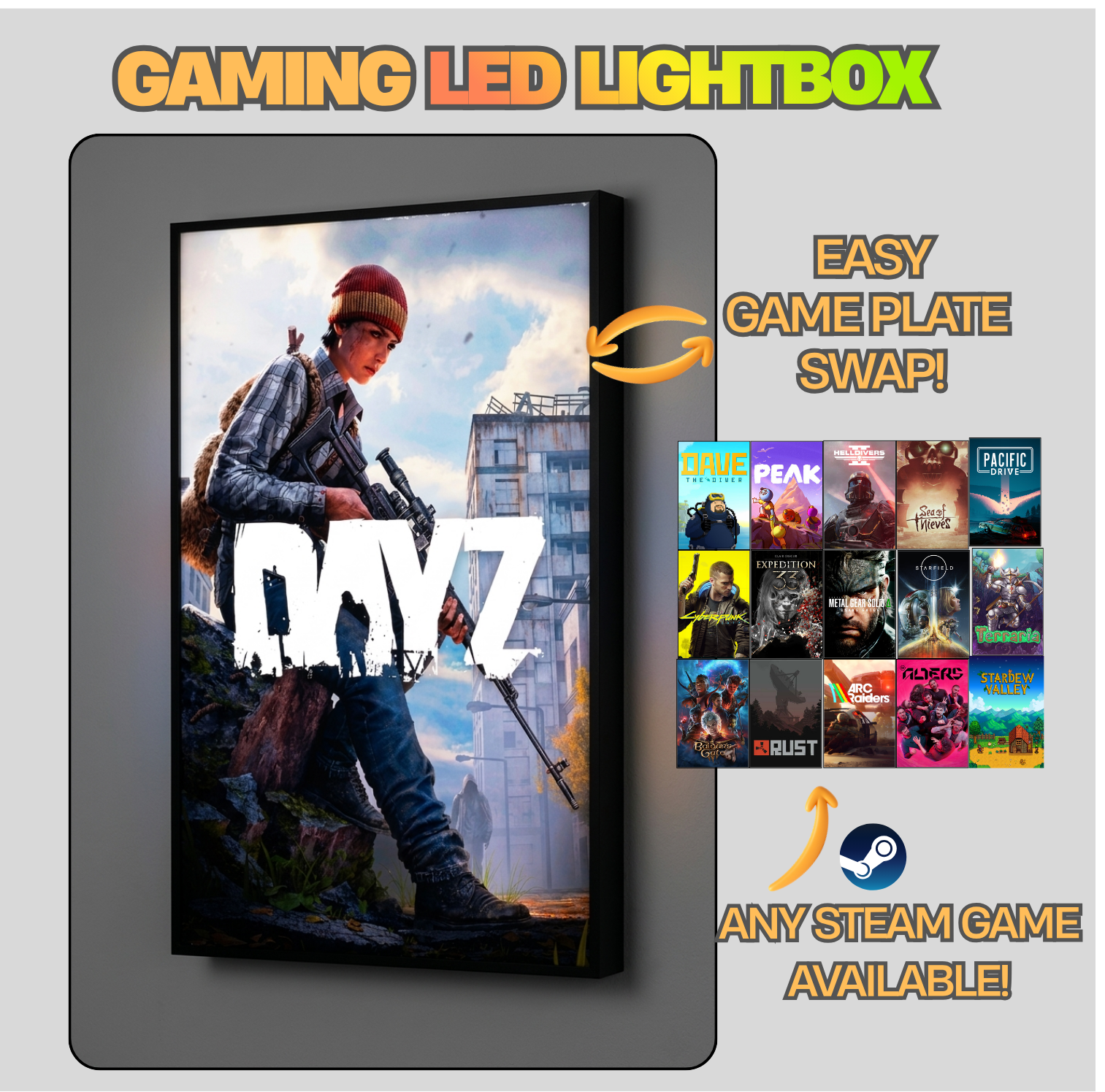 Gaming LED lightbox with 'DayZ' game display and swapable game plates on a gray background.