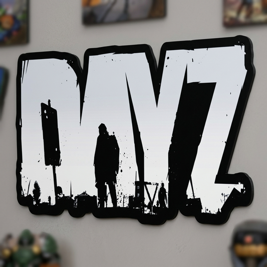 Decorative wall art with 'DAYZ' text and silhouettes on a plain background