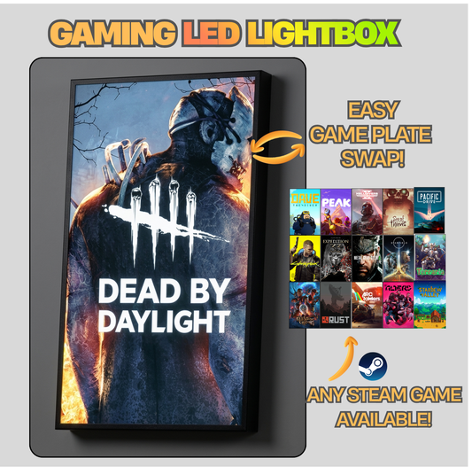 Gaming LED lightbox displaying 'Dead by Daylight' with swapable game plates feature.