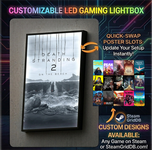 Customizable LED gaming lightbox with quick-swap poster slots and customizable designs on Steam or SteamGridDB.com.