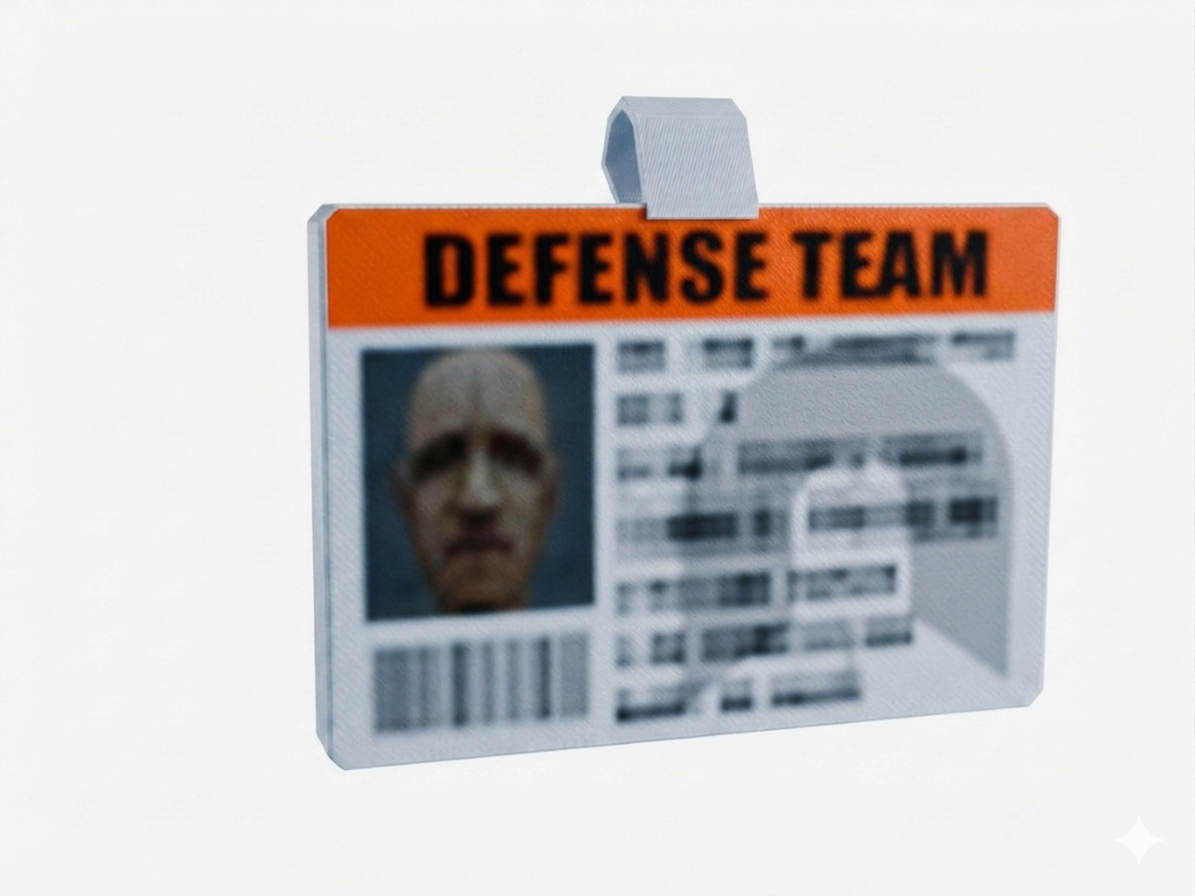 ID card with 'Defense Team' text on an orange background