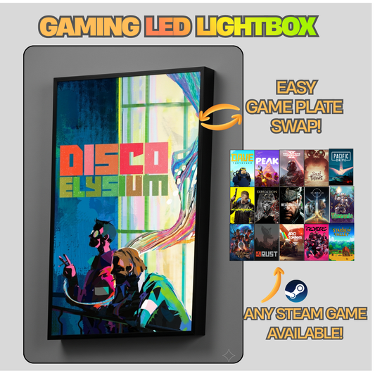 Gaming LED lightbox with 'Disco Elysium' design and Steam game compatibility text.