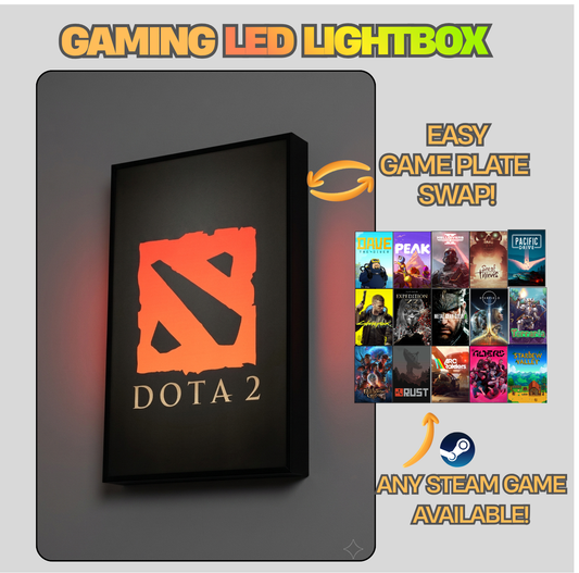 Gaming LED lightbox with Dota 2 logo and swapable game plate feature.