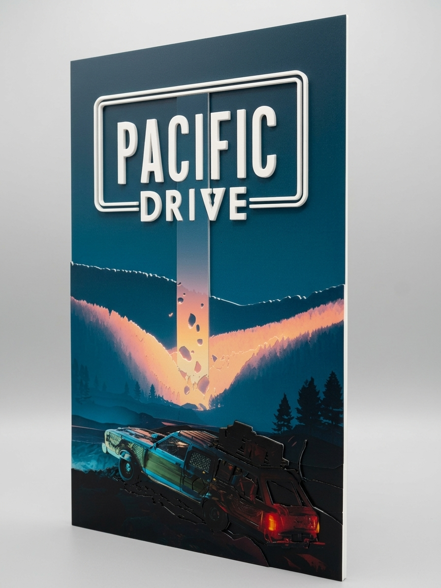 Pacific Drive 3D Relief Poster | Gaming Wall Art | 3D Printed UV Artwork | Sci-Fi Car Poster | Gamer Room Decor | Unique Video Game Gift