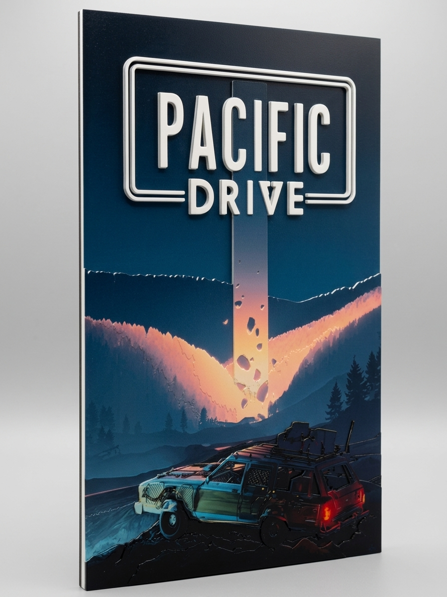 Pacific Drive 3D Relief Poster | Gaming Wall Art | 3D Printed UV Artwork | Sci-Fi Car Poster | Gamer Room Decor | Unique Video Game Gift