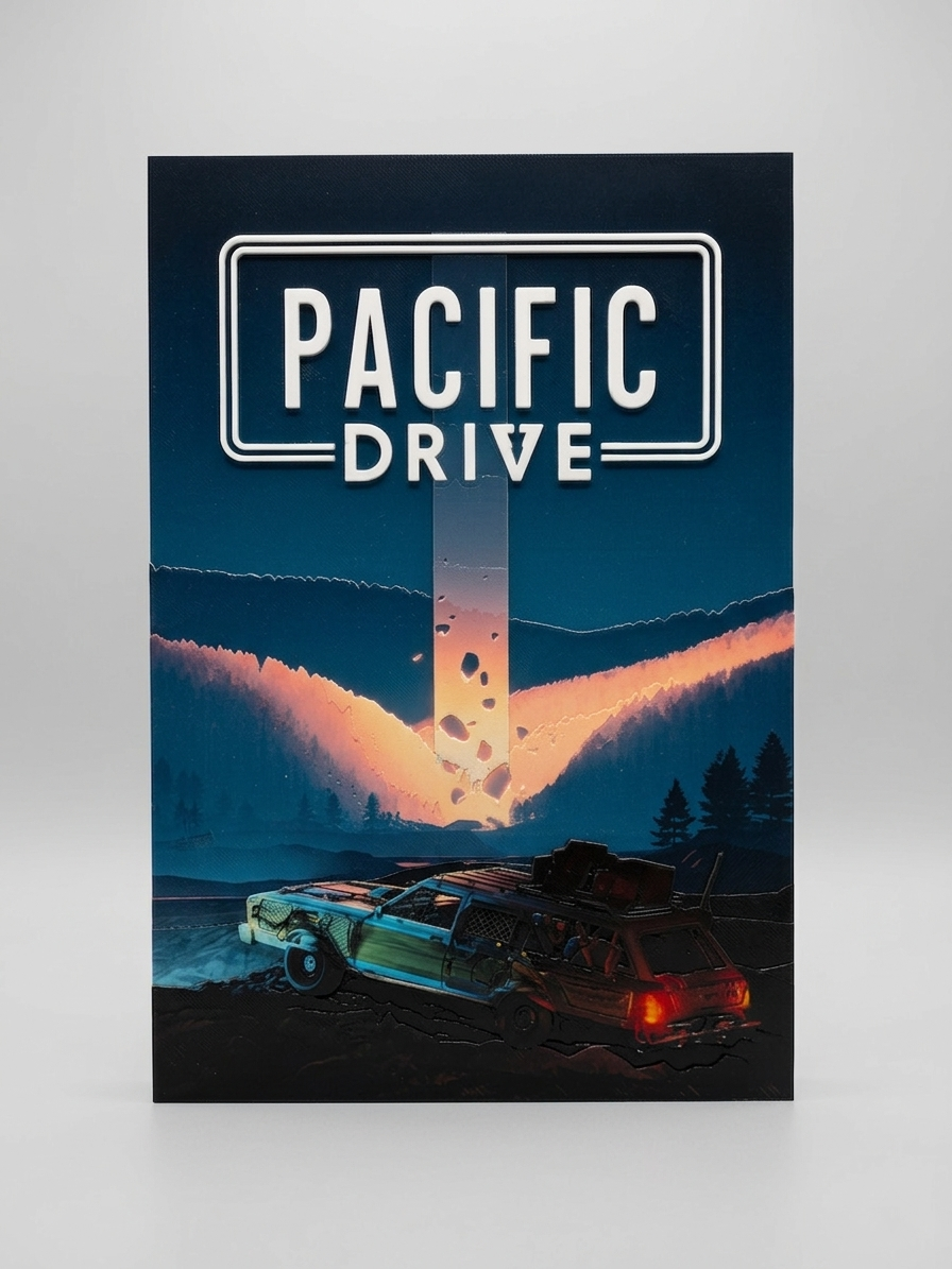 Pacific Drive 3D Relief Poster | Gaming Wall Art | 3D Printed UV Artwork | Sci-Fi Car Poster | Gamer Room Decor | Unique Video Game Gift
