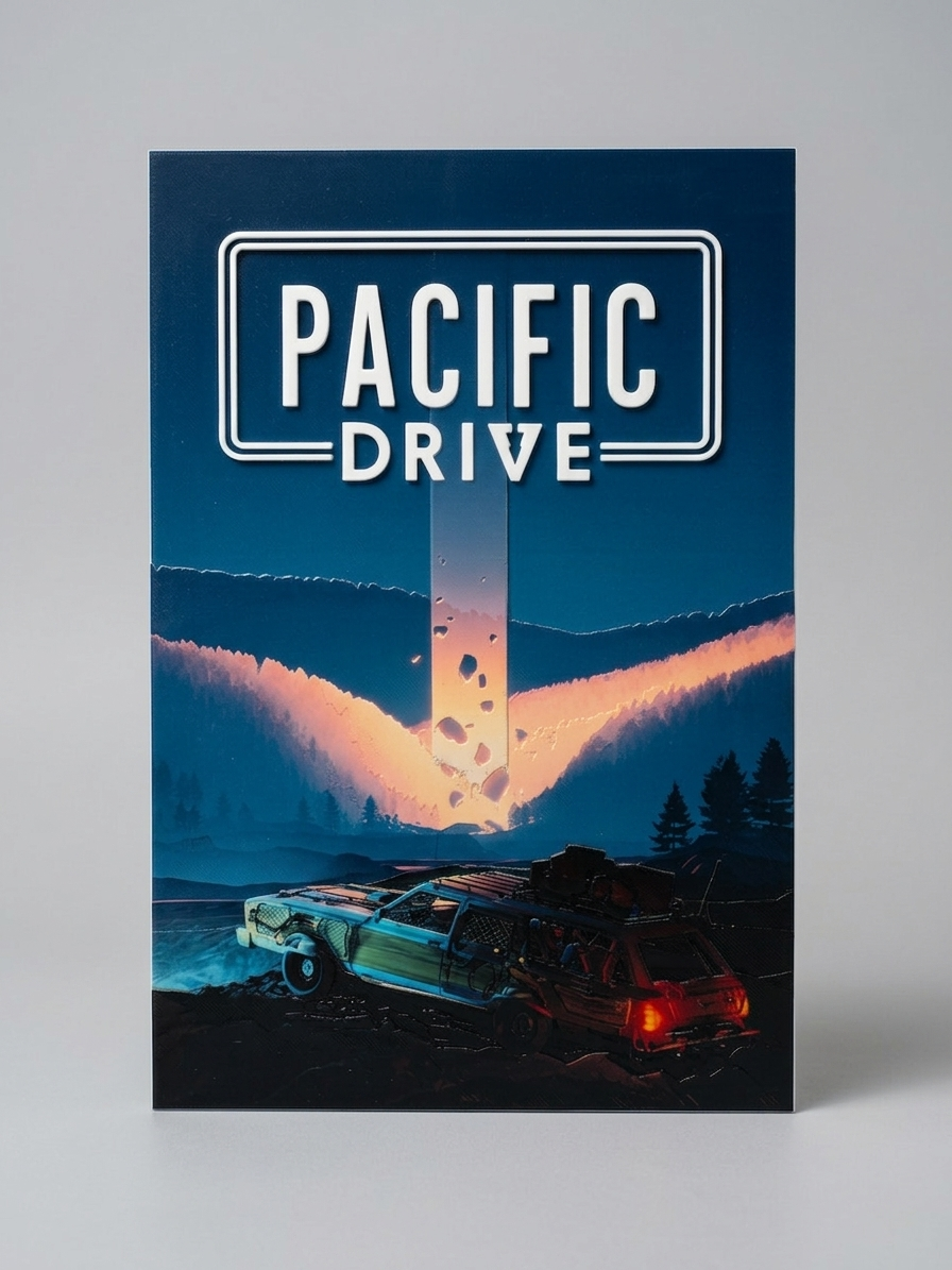 Pacific Drive 3D Relief Poster | Gaming Wall Art | 3D Printed UV Artwork | Sci-Fi Car Poster | Gamer Room Decor | Unique Video Game Gift