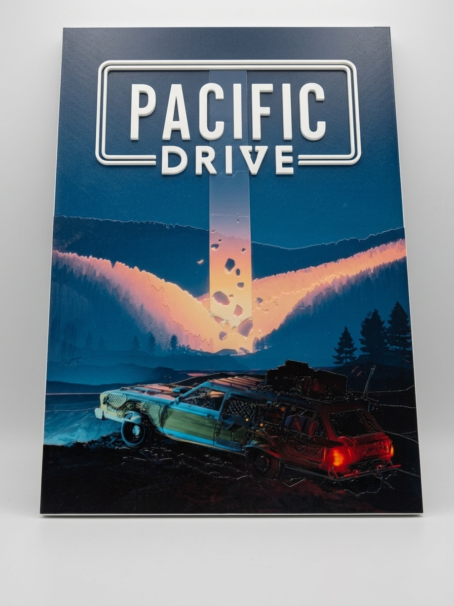 Pacific Drive 3D Relief Poster | Gaming Wall Art | 3D Printed UV Artwork | Sci-Fi Car Poster | Gamer Room Decor | Unique Video Game Gift