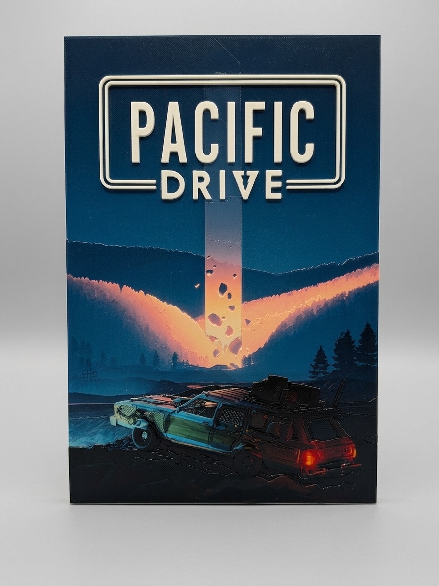 Pacific Drive 3D Relief Poster | Gaming Wall Art | 3D Printed UV Artwork | Sci-Fi Car Poster | Gamer Room Decor | Unique Video Game Gift