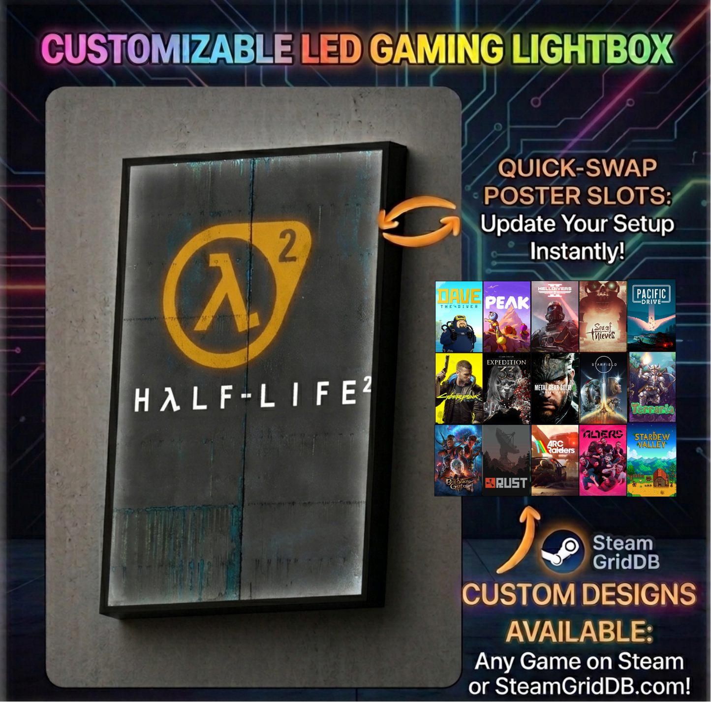 Customizable LED gaming lightbox with 'Half-Life 2' design and quick-swap poster slots.