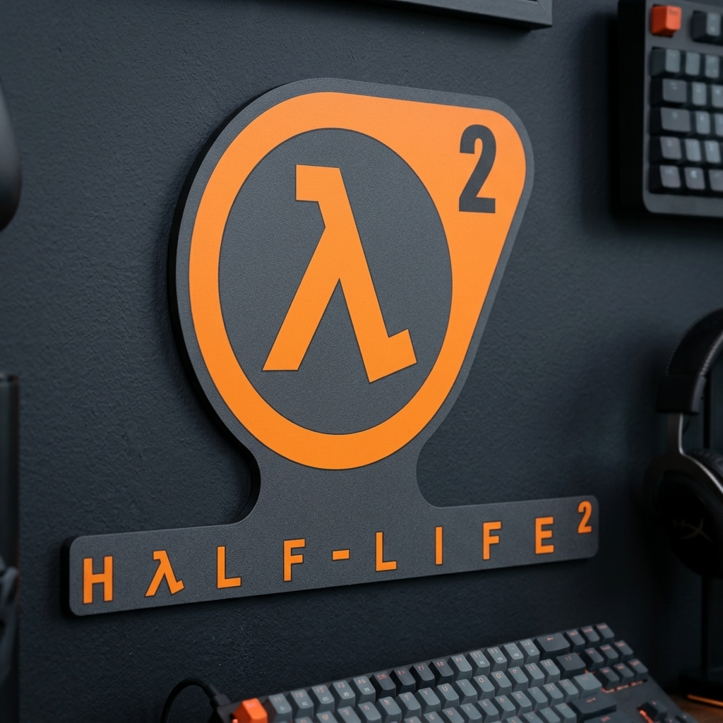 HALF-LIFE 2 logo on a dark surface with gaming accessories.