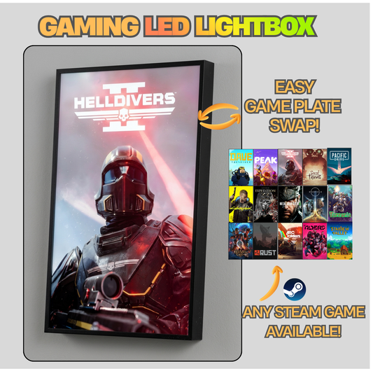 Gaming LED lightbox with Helldivers 2 game display and swapable game plates on a gray background.