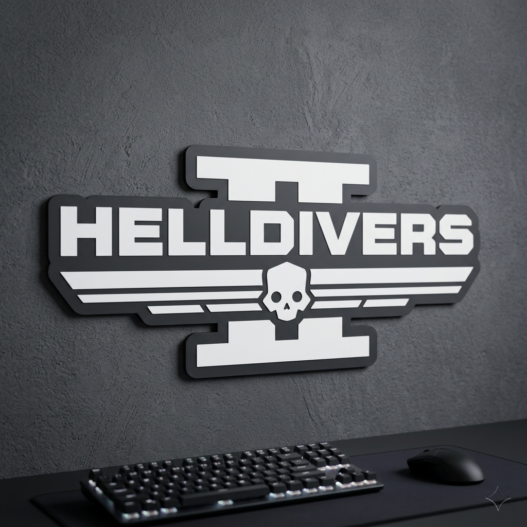 Helldivers II logo on a dark wall with a keyboard and mouse in the foreground