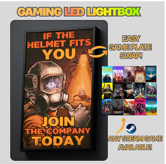 Gaming LED lightbox with a helmet graphic and text, featuring Steam game logos.