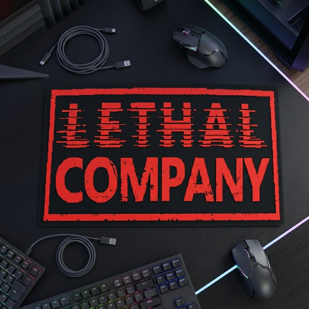 Desk setup with a 'Lethal Company' mouse pad, keyboard, and mouse.