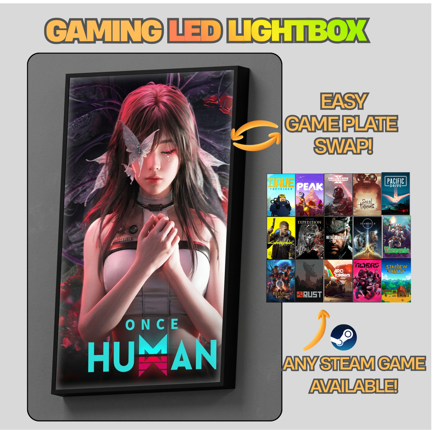 Gaming LED lightbox with customizable game plate swap feature on a gray background