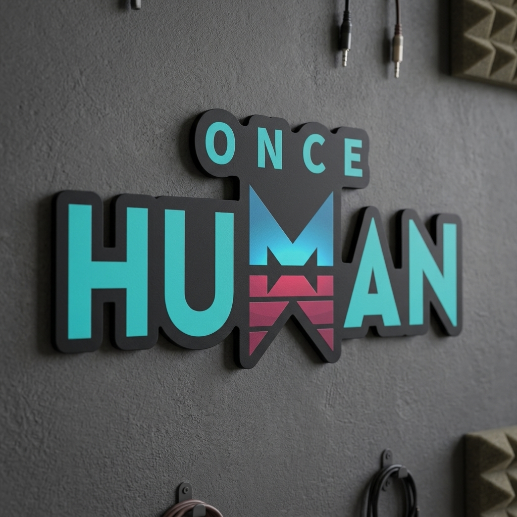 Decorative wall art with 'Once Human' text on a gray wall.