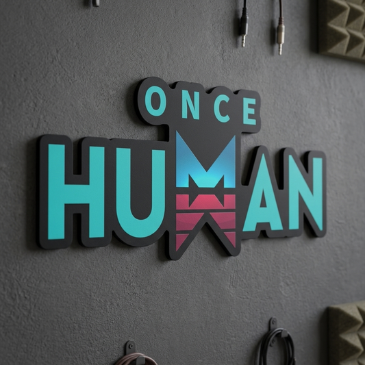 Decorative wall art with 'Once Human' text on a gray wall.