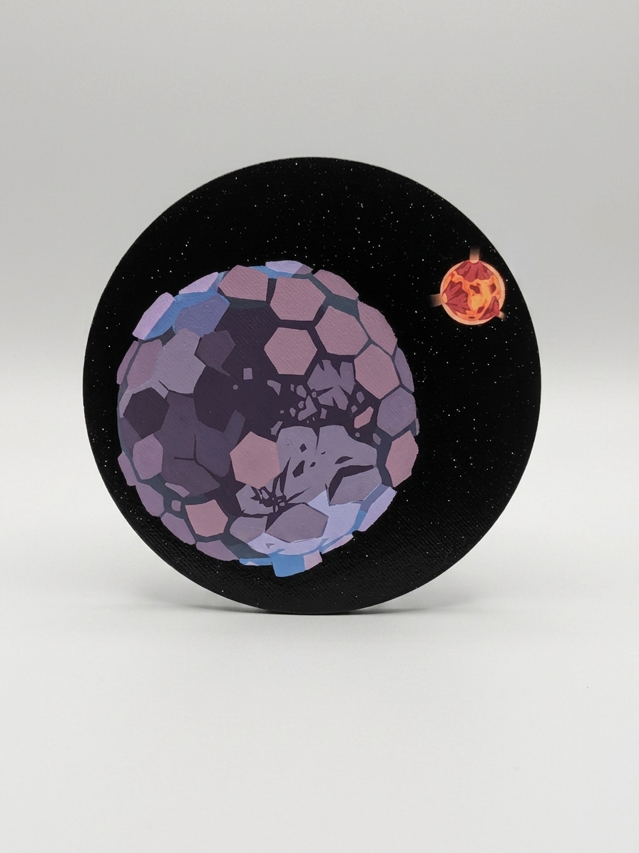 Finger painting of a planet and a star on a black background