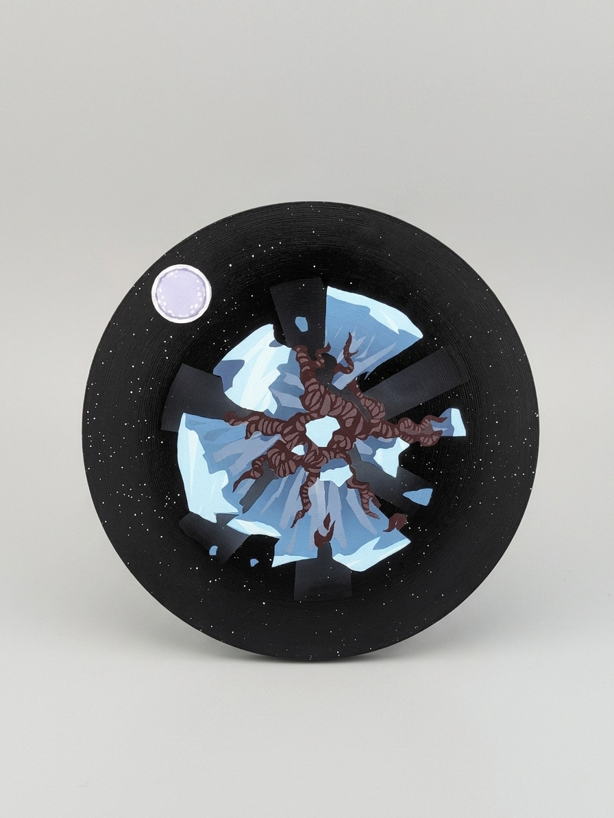 Decorative planet with space-themed design on a gray background