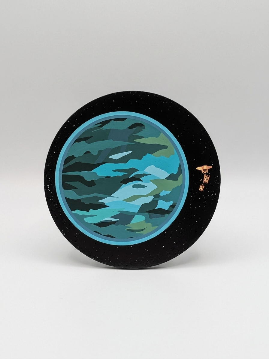 Disc with blue camouflage pattern on a black rim against a white background