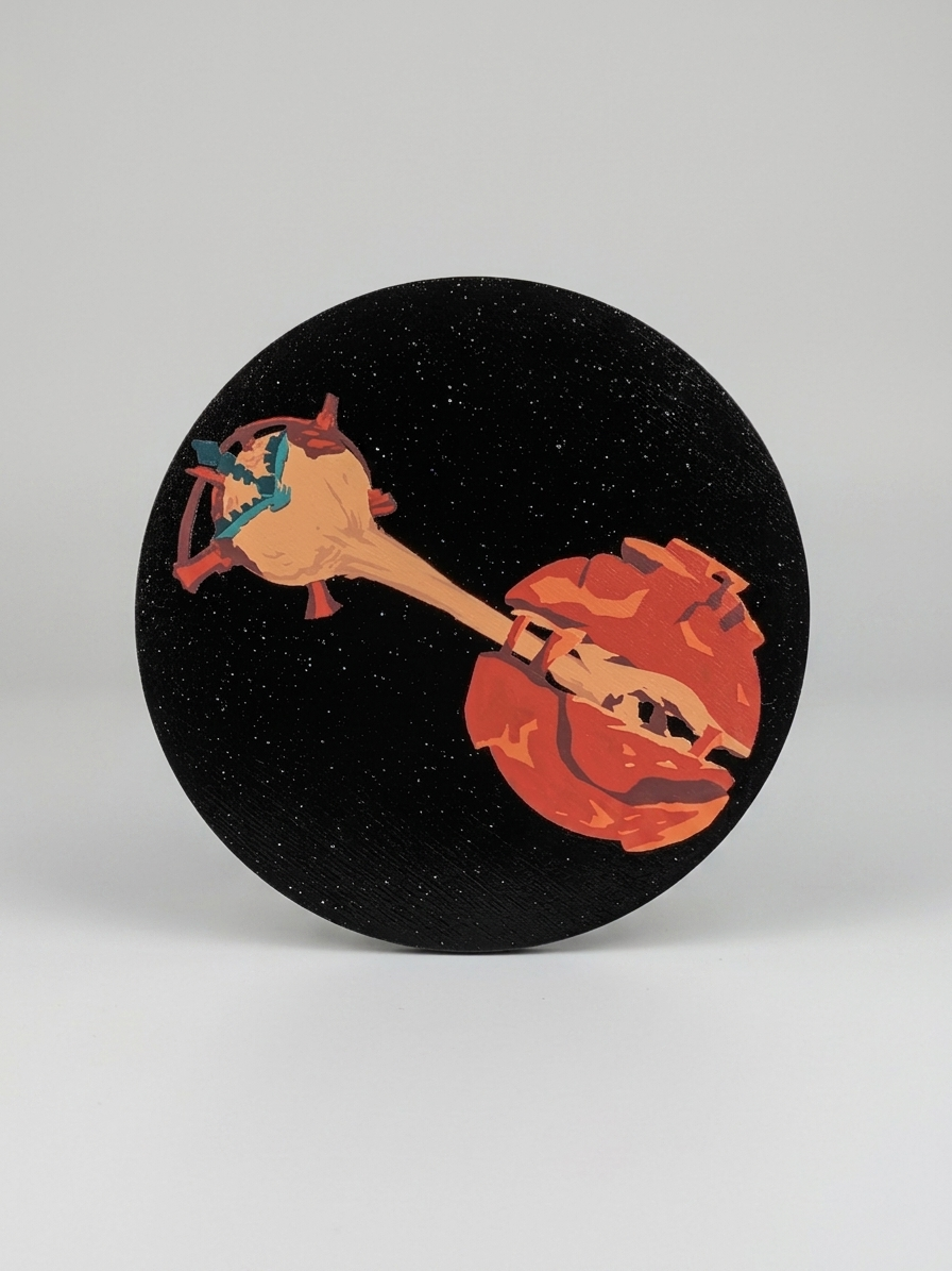 Decorative coaster with a design of a woman holding a bow and arrow on a black speckled background