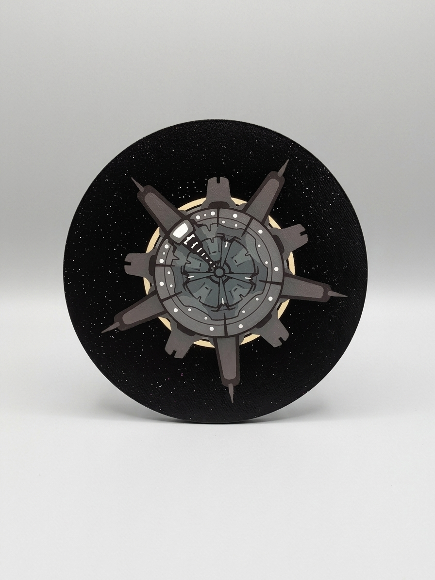 Decorative spaceship with star design on a black background