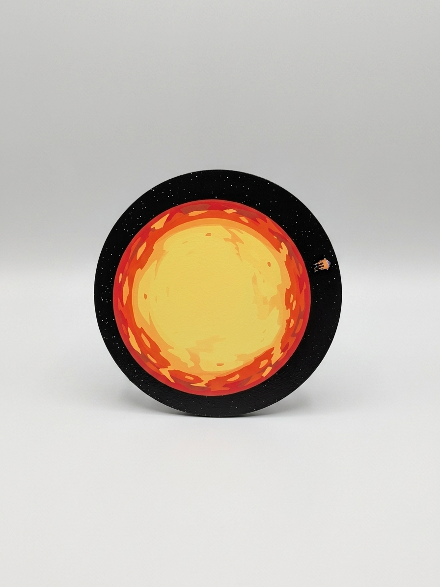 Round object with a fiery orange center and black rim on a gray background