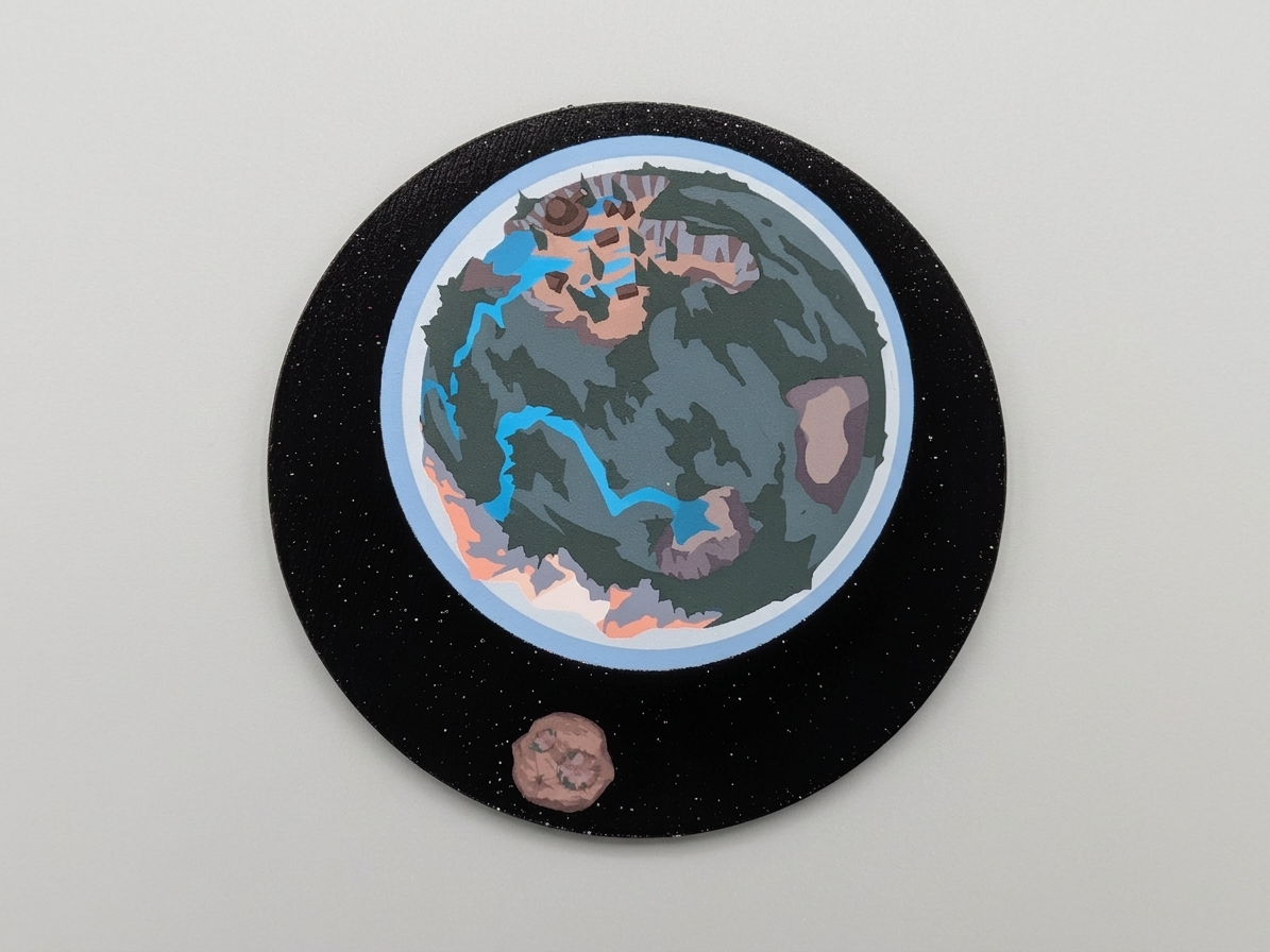 Circular patch with a space-themed design of a person on a planet, on a gray background