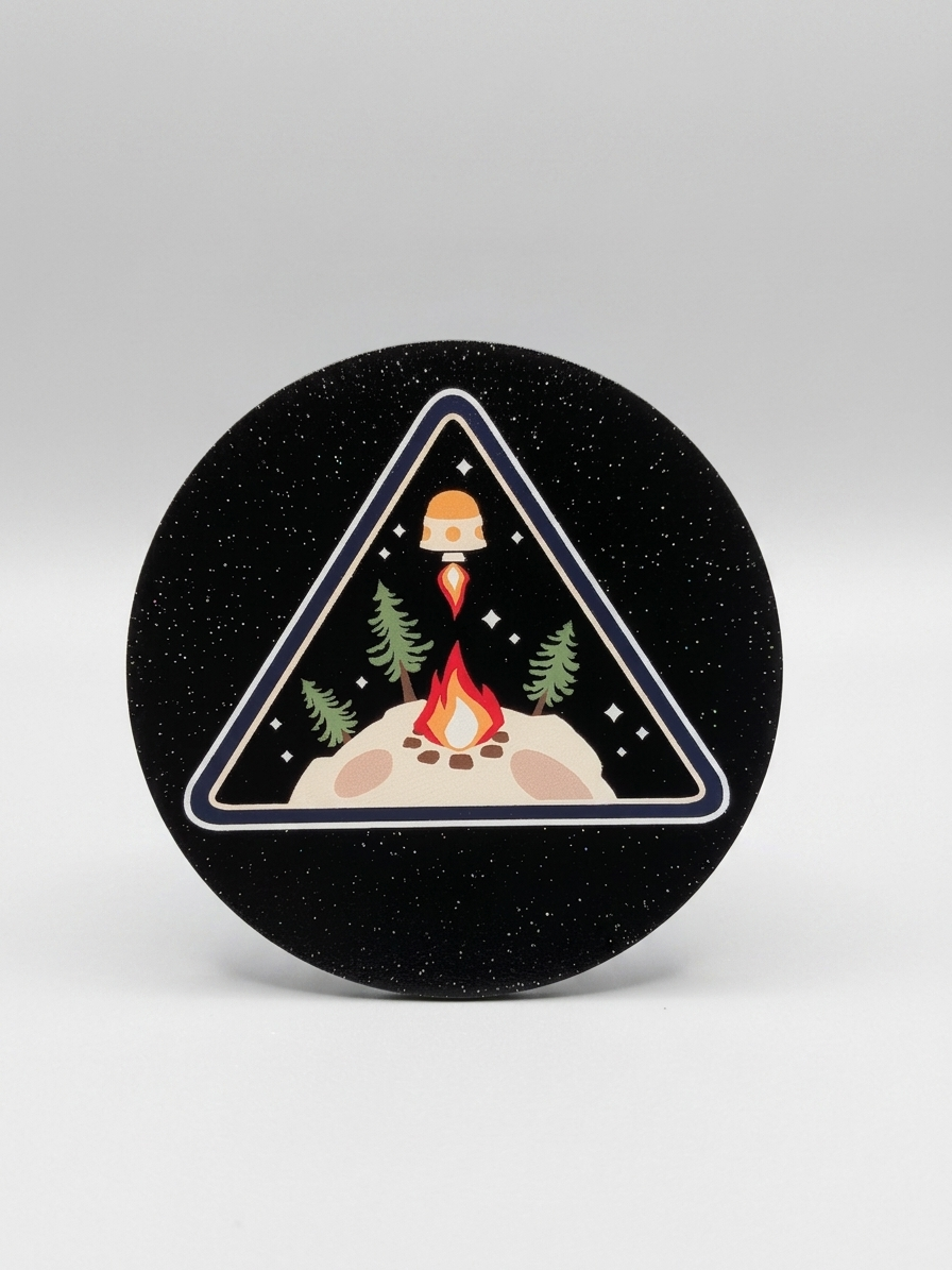 Black coaster with a design of a campfire, trees, and a UFO in a triangle on a gray background.
